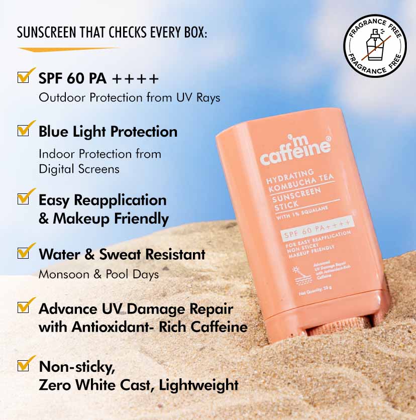 Hydrating Kombucha Tea Sunscreen Stick with 1% Squalane SPF 60 PA++++ | Ceramides & Hyaluronic Acid - 20g